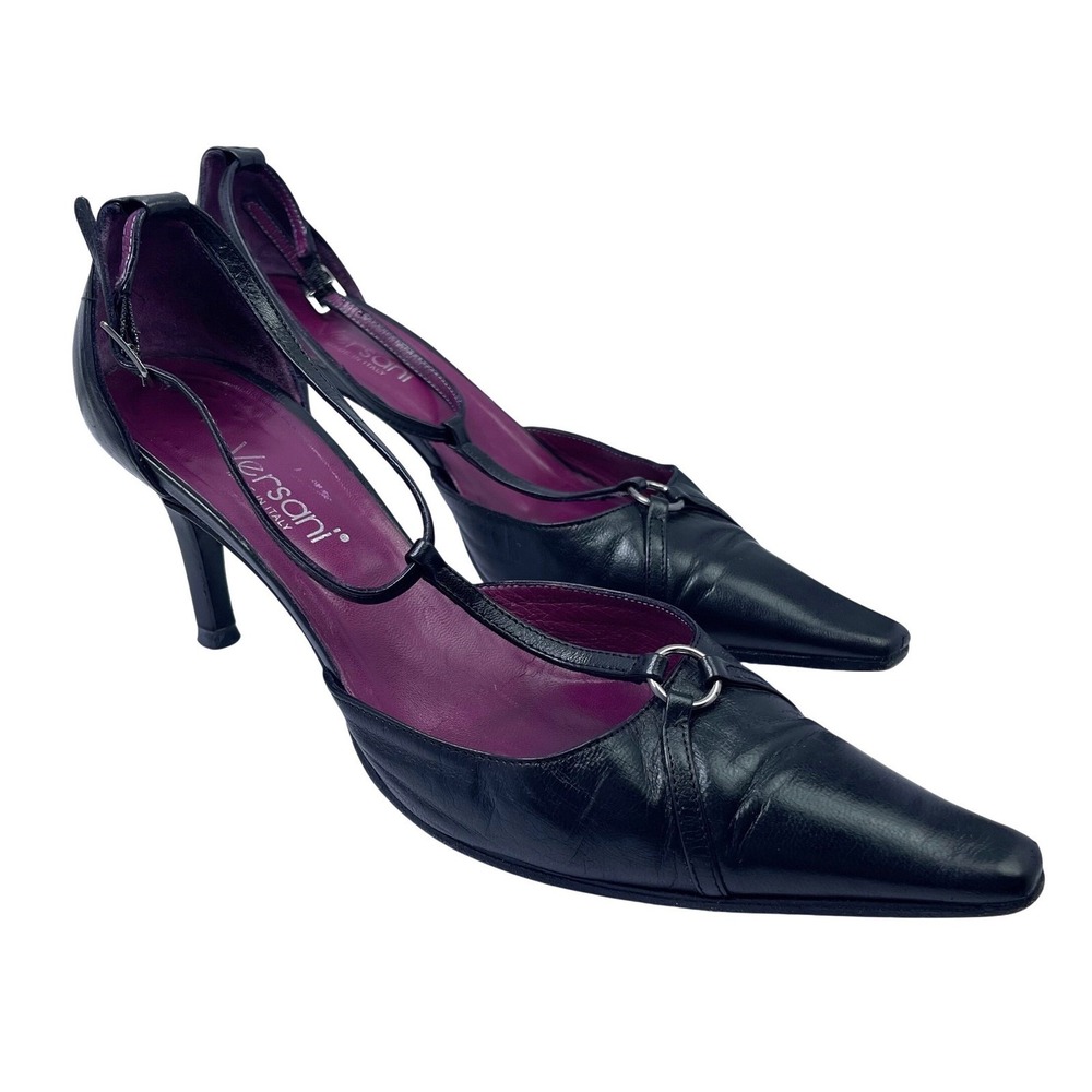 VTG Versani Kitten Heel Black Italian Leather Pointed Toe Sz 7.5 Office Siren